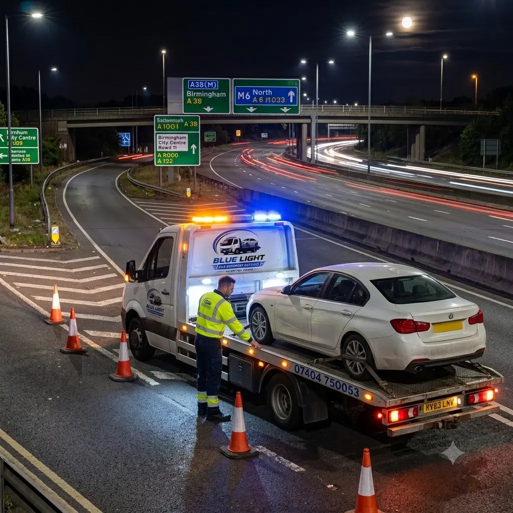 Blue Light Car Recovery truck recovering a vehicle in Birmingham