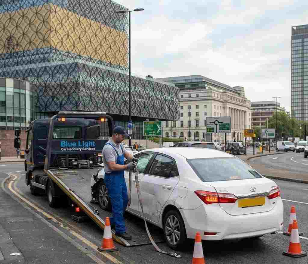 Blue Light Car Recovery Services technician loading a damaged white Toyota Corolla onto a flatbed tow truck at a Birmingham roundabout.