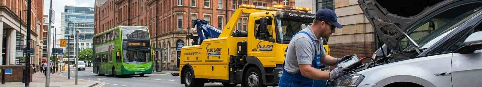 Recovery technician inspecting a car engine with a diagnostic tool on a Birmingham city street next to a yellow tow truck.