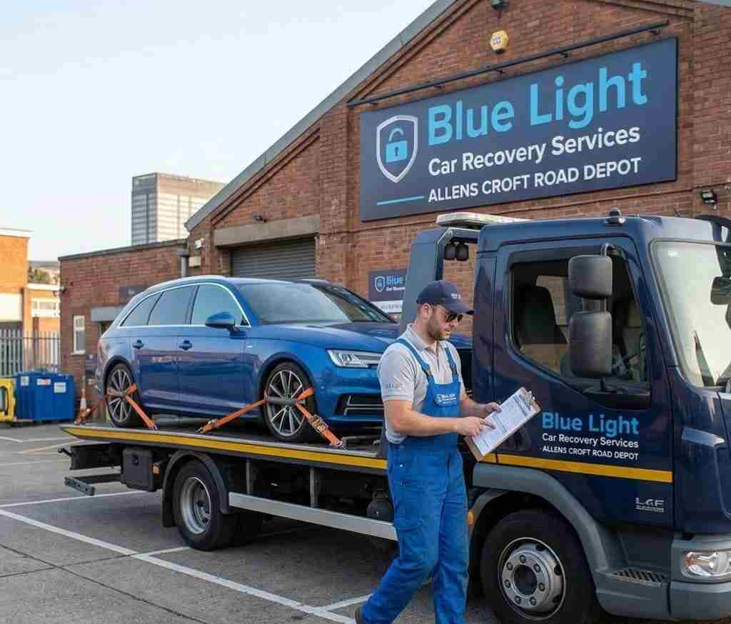 Driver checking transport paperwork on a clipboard next to a blue Audi estate car strapped onto a tow truck at the Allens Croft Road Depot.