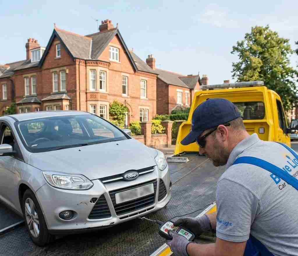 Close-up of a recovery technician in sunglasses operating a handheld winch controller to load a silver car.